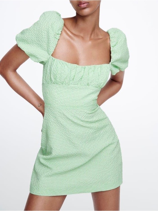 Zara Dresses & Skirts - Zara Light Green Gingham Puff-Sleeve Mini Dress - worn only once